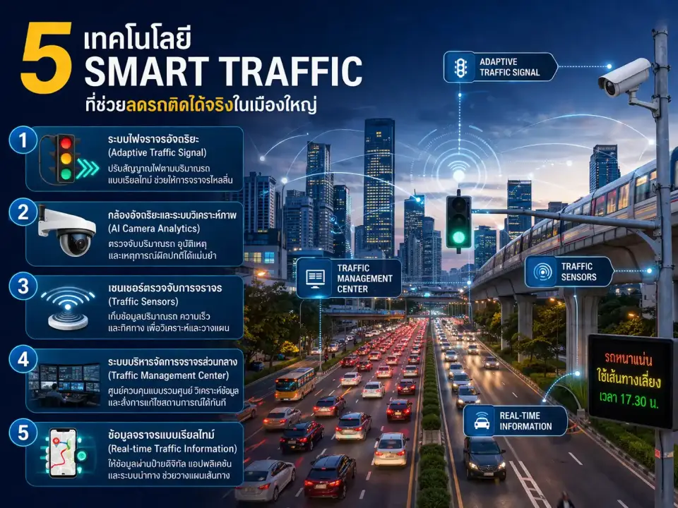 5 เทคโนโลยี Smart Traffic ที่ช่วยลดรถติดได้จริงในเมืองใหญ่
