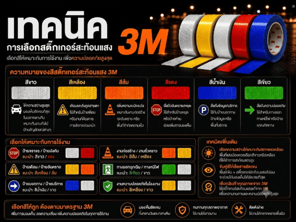เทคนิคการเลือกสีสติ๊กเกอร์สะท้อนแสง 3M ให้เหมาะกับการใช้งานของแต่ละสีส่งสัญญาณเตือนต่างกันอย่างไร?