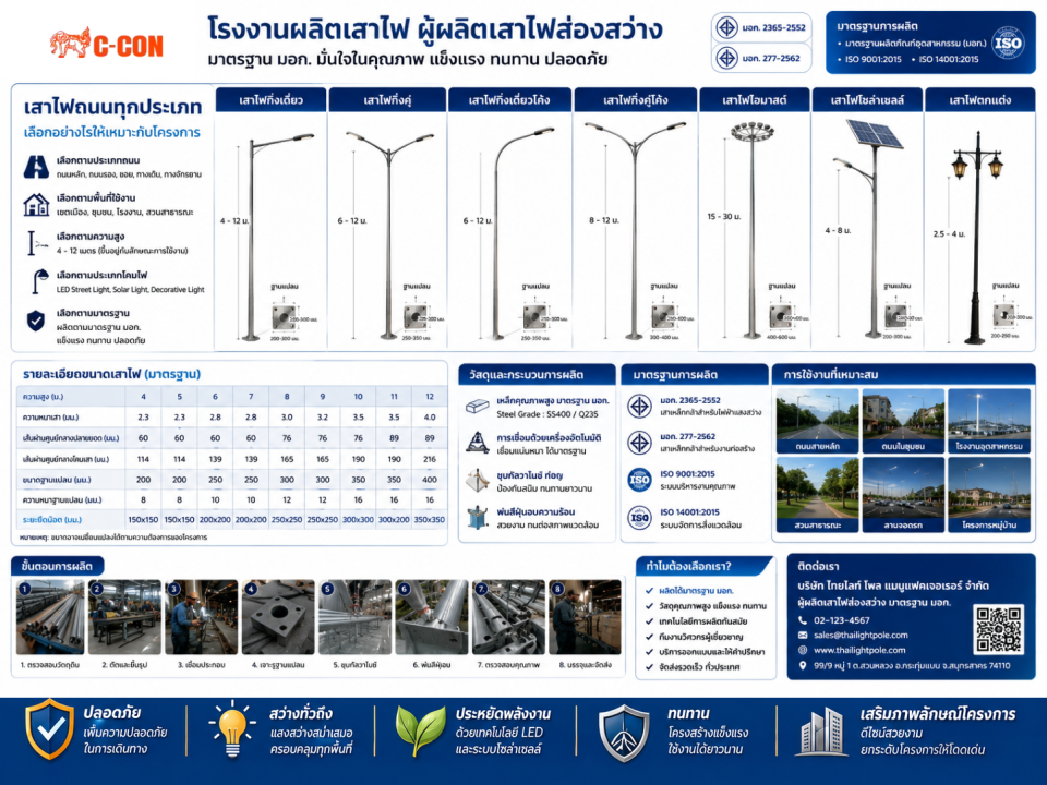 โรงงานผลิตเสาไฟ ผู้ผลิตเสาไฟส่องสว่าง มาตรฐาน มอก. สำหรับงานถนนและโครงการ