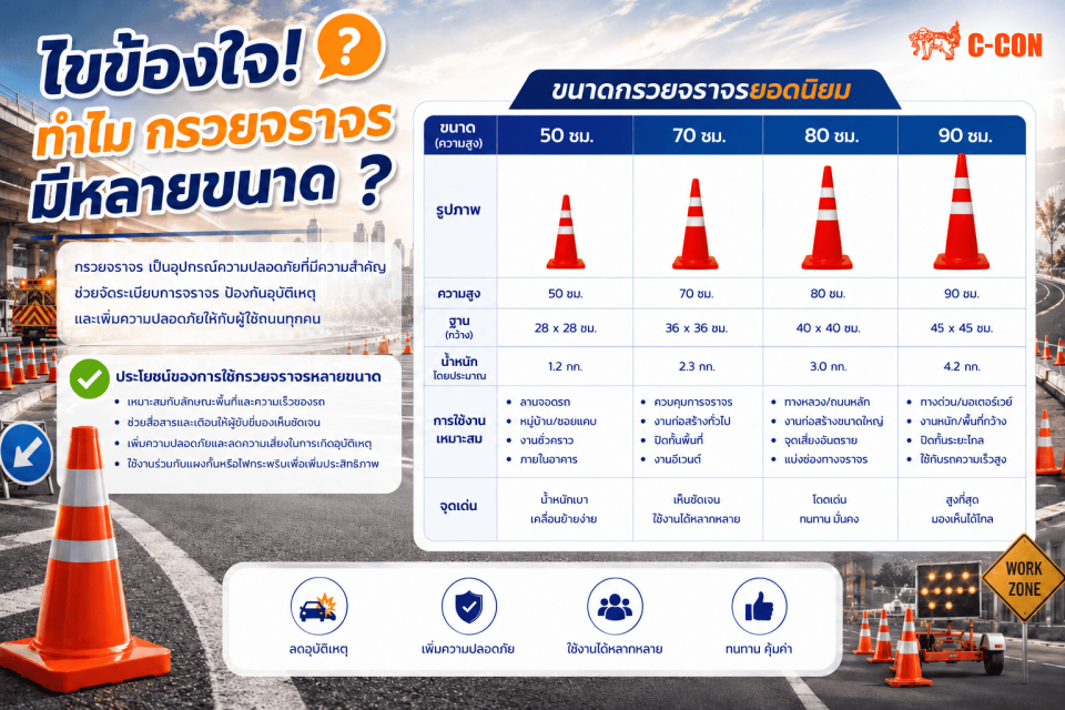ไขข้อข้องใจ ทำไมกรวยจราจรมีหลายขนาด เลือกอย่างไรให้ถูกมาตรฐานและปลอดภัย