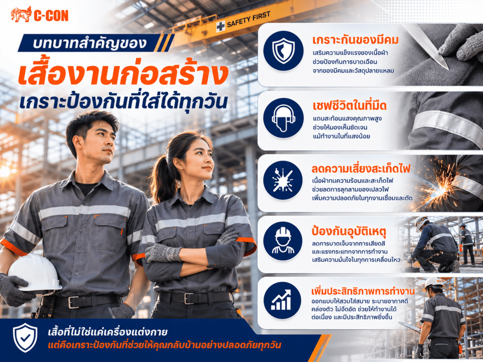 เจาะลึกมาตรฐานความปลอดภัยไซต์งาน: ทำไมต้องใส่เสื้องานก่อสร้างเนื้อผ้าหนาพิเศษ เพื่อช่วยป้องกันสะเก็ดไฟและของมีคมบาดผิวหนังขณะปฏิบัติงาน