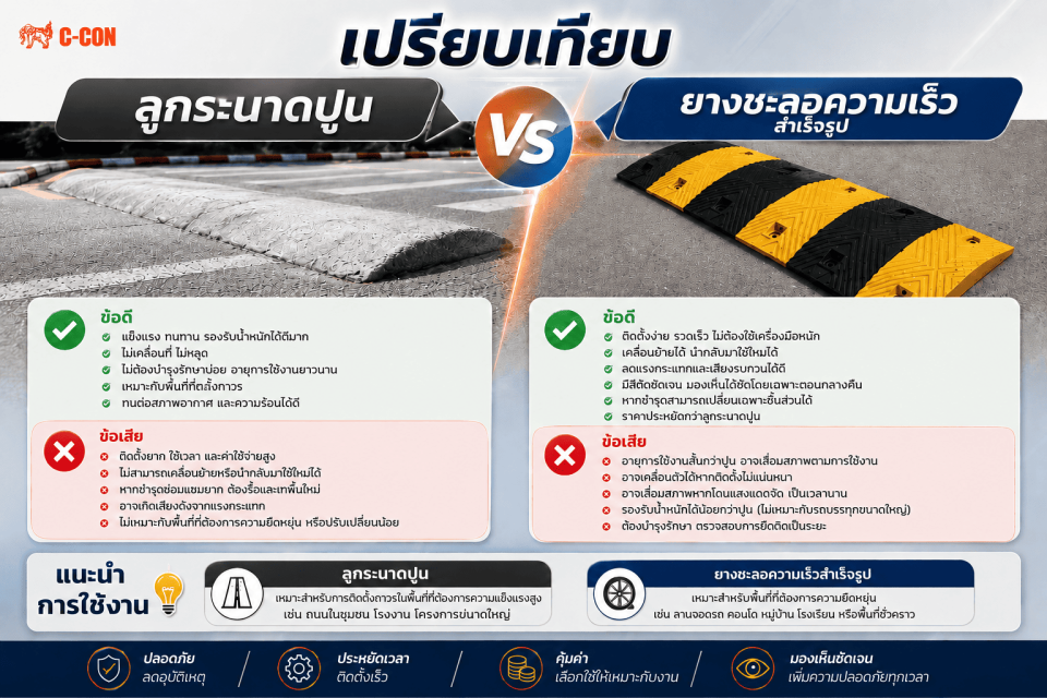 เปรียบเทียบยางชะลอความเร็วสำเร็จรูปกับลูกระนาดปูน ทางเลือกเพิ่มความปลอดภัยที่คุ้มค่า