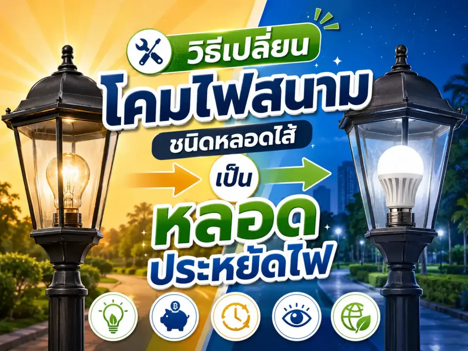 วิธีเปลี่ยน โคมไฟสนาม ชนิดหลอดไส้ เป็นหลอดประหยัดไฟ