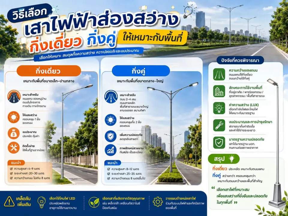 วิธีเลือกเสาไฟฟ้าส่องสว่างกิ่งเดี่ยวและกิ่งคู่ ให้เหมาะกับพื้นที่อย่างมืออาชีพ
