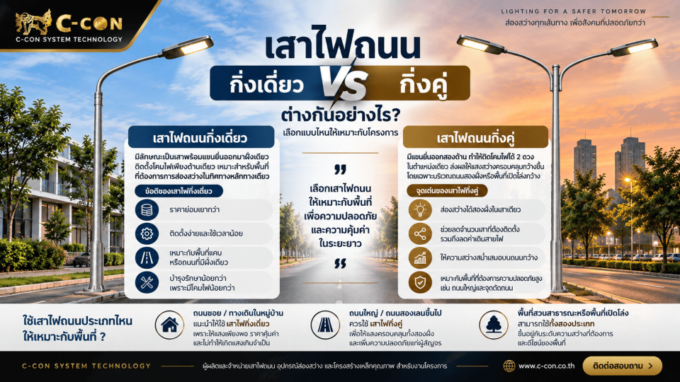 เสาไฟถนนกิ่งเดี่ยว vs กิ่งคู่ ต่างกันอย่างไร? เลือกแบบไหนให้เหมาะกับโครงการ