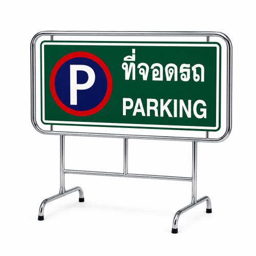 แผงกั้นจราจรขาตั้งสแตนเลส ขนาด 50x100x120 cm พร้อมป้ายขนาด 50×100 Cm (สามารถเปลี่ยนข้อความได้)