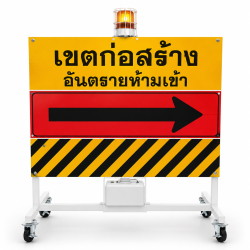 แผงกั้นจราจร ชนิดมีสัญญาณไฟ5นิ้วป้ายขนาด 120×150 Cm.  พร้อมไฟแบตเตอรี่ 1 ระบบ (สามารถเปลี่ยนข้อความได้)