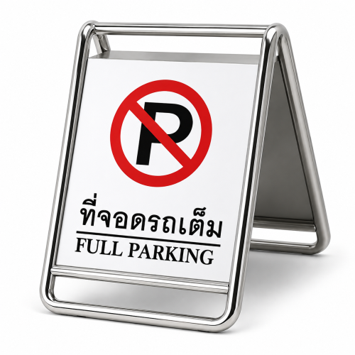 แผงกั้นป้ายสแตนเลส  ขาตั้งสแตนเลส ชนิดป้ายตั้งพื้น ขนาด 53x43x67.5 cm. สามรถเปลี่ยนข้อความได้