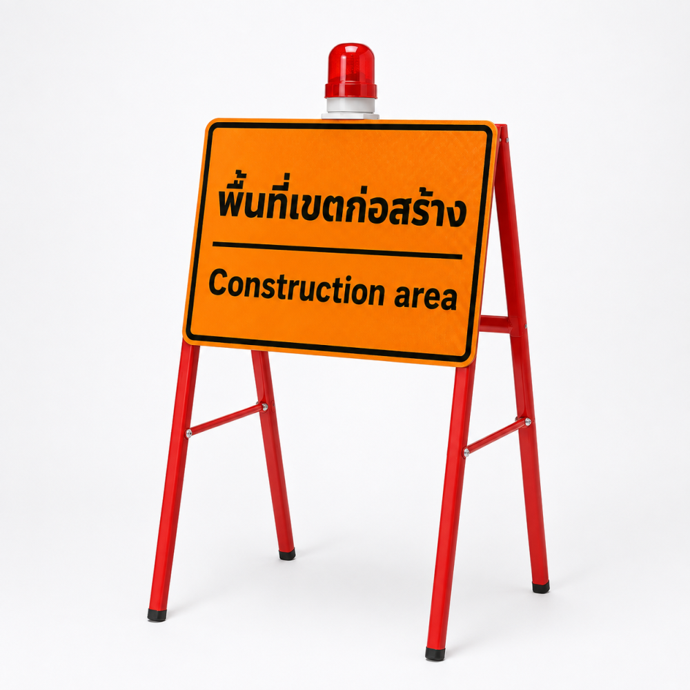 แผงกั้นขาตั้งโครงเหล็กกล่อง ขนาด 60×100 Cm. และ ป้ายขนาด 40×60 cm. สามารถพับเก็บได้ พร้อมไฟหมุน (สามารถเปลี่ยนข้อความได้)