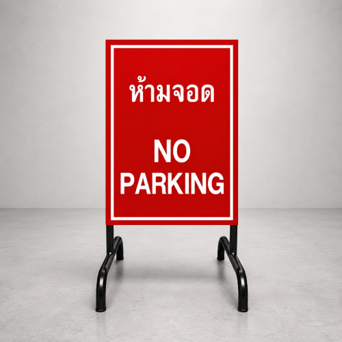 แผงกั้นจราจร ป้ายจราจรชนิดตั้งพื้น ชนิด ขาตั้งโครงเหล็กทำสีดำ ขนาด 50x45x90 Cm. พร้อมป้ายอลูมิเนียม 1.2 มม. สติ๊กเกอร์สะท้อนแสง 3M Com .ขนาด 45×75 Cm. พับขอบ 2.5 Cm.