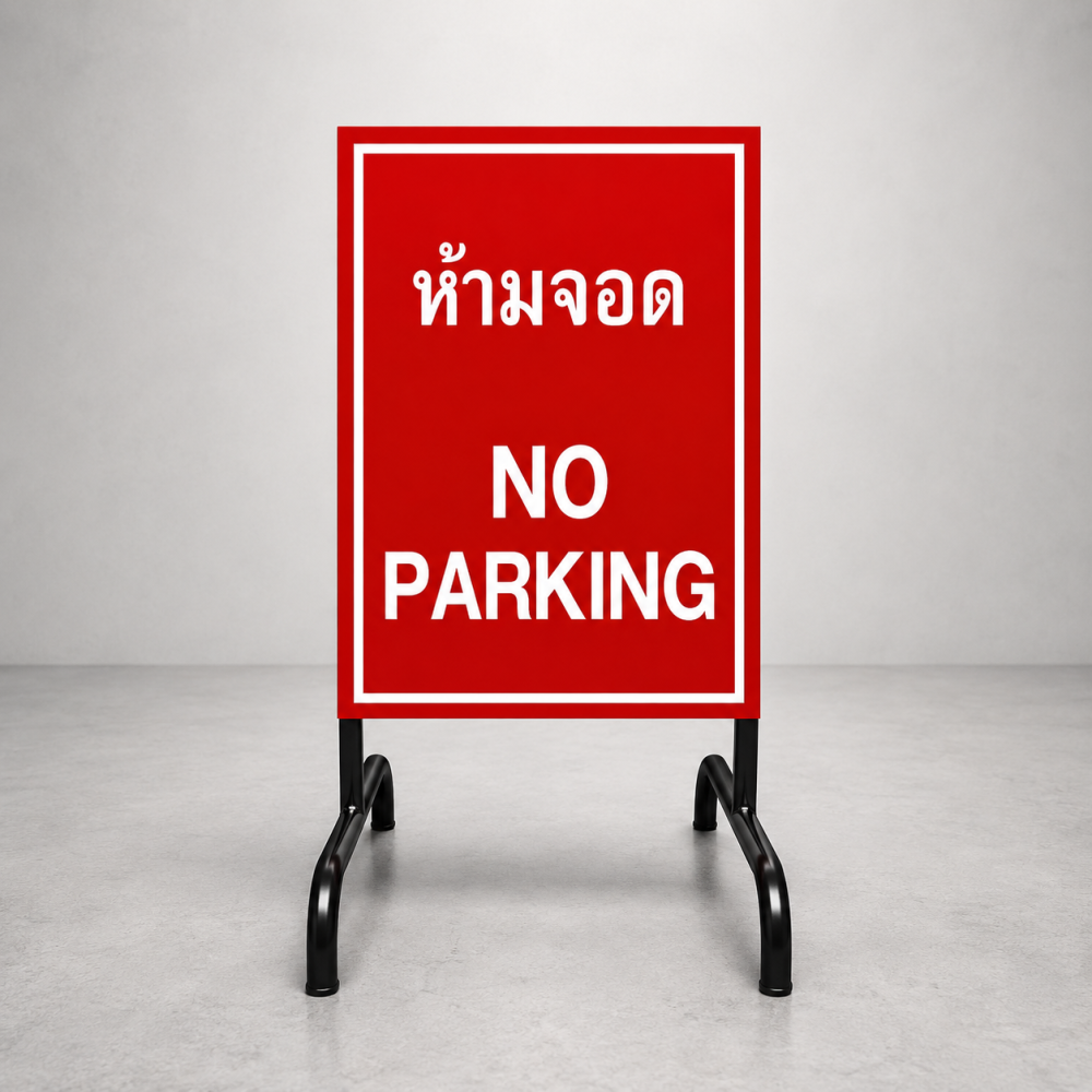 แผงกั้นจราจร ป้ายจราจรชนิดตั้งพื้น ชนิด ขาตั้งโครงเหล็กทำสีดำ ขนาด 50x45x90 Cm. พร้อมป้ายอลูมิเนียม 1.2 มม. สติ๊กเกอร์สะท้อนแสง 3M Com .ขนาด 45×75 Cm. พับขอบ 2.5 Cm.