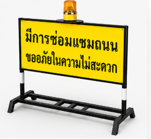 แผงกั้นจราจร มีสัญญาณไฟ 5 นิ้ว ขนาด 100×120 Cm. ป้ายขนาด 70×120 ซม. ใช้ไฟแบตเตอรี่ 1 ระบบ
