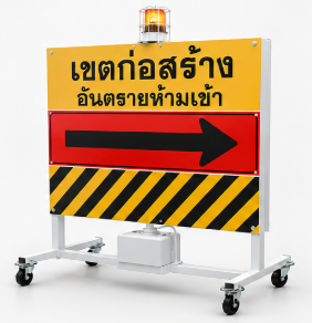 แผงกั้นจราจร ชนิดมีสัญญาณไฟ5นิ้วป้ายขนาด 120×150 Cm.  พร้อมไฟแบตเตอรี่ 1 ระบบ (สามารถเปลี่ยนข้อความได้)