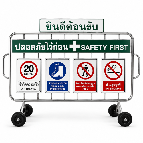 แผงกั้นจราจรสแตนเลส สามารถเปลี่ยน,เลือก ป้ายอลูมิเนียมได้ สามารถเปลี่ยนข้อความได้
