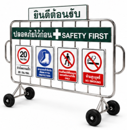 แผงกั้นจราจรสแตนเลส สามารถเปลี่ยน,เลือก ป้ายอลูมิเนียมได้ สามารถเปลี่ยนข้อความได้