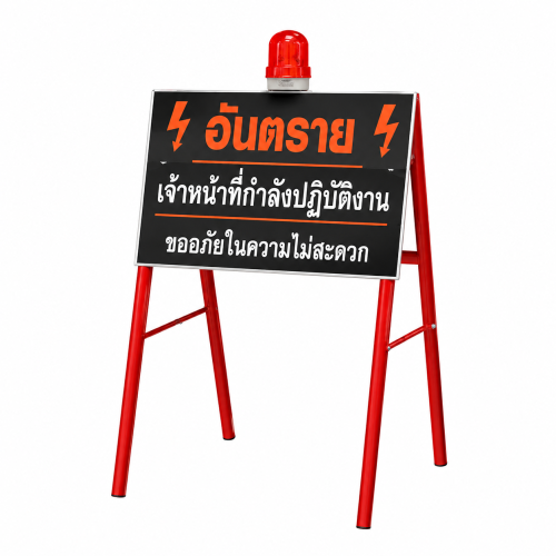 ป้ายจราจรขาตั้งโครงเหล็กกล่อง 1” ขนาด 60×100 Cm. พร้อมป้ายขนาด 40×60 cm. พับเก็บได้ พร้อมไฟหมุน (สามารถเปลี่ยนข้อความได้)