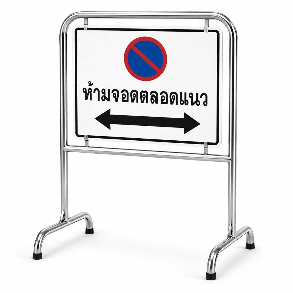 แผนกั้น ป้ายขาตั้งสแตนเลส  85×100 Cm พร้อมป้าย 65×45 Cm สะท้อนแสง (สามารถเปลี่ยนข้อความได้)