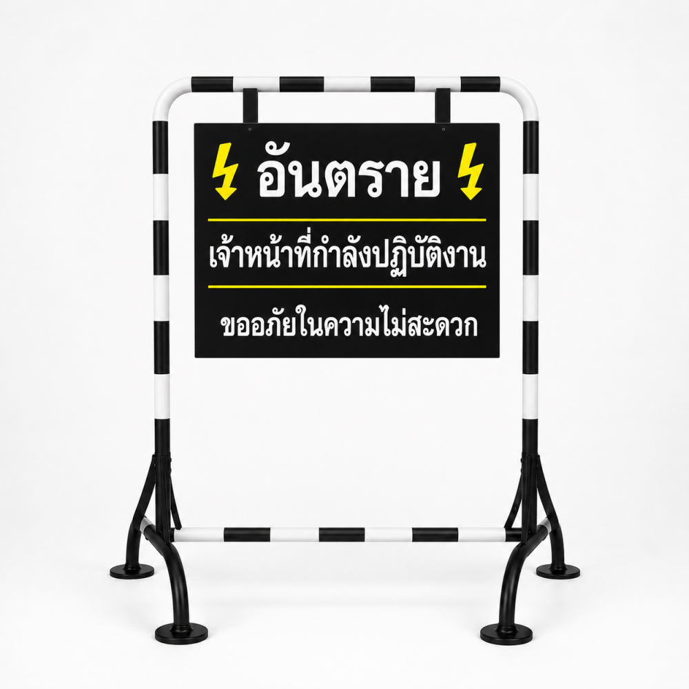 แผงกั้นจราจรสีขาว-ดำ พร้อมป้าย 60×40 cm. สะท้อนแสง 3M ขนาด 60x80x90 Cm.